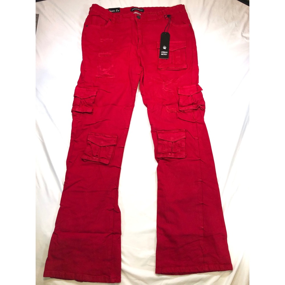 Urban Beast Mens Stacked Fit Cargo Pants Red Distressed Denim 42x36 NWT